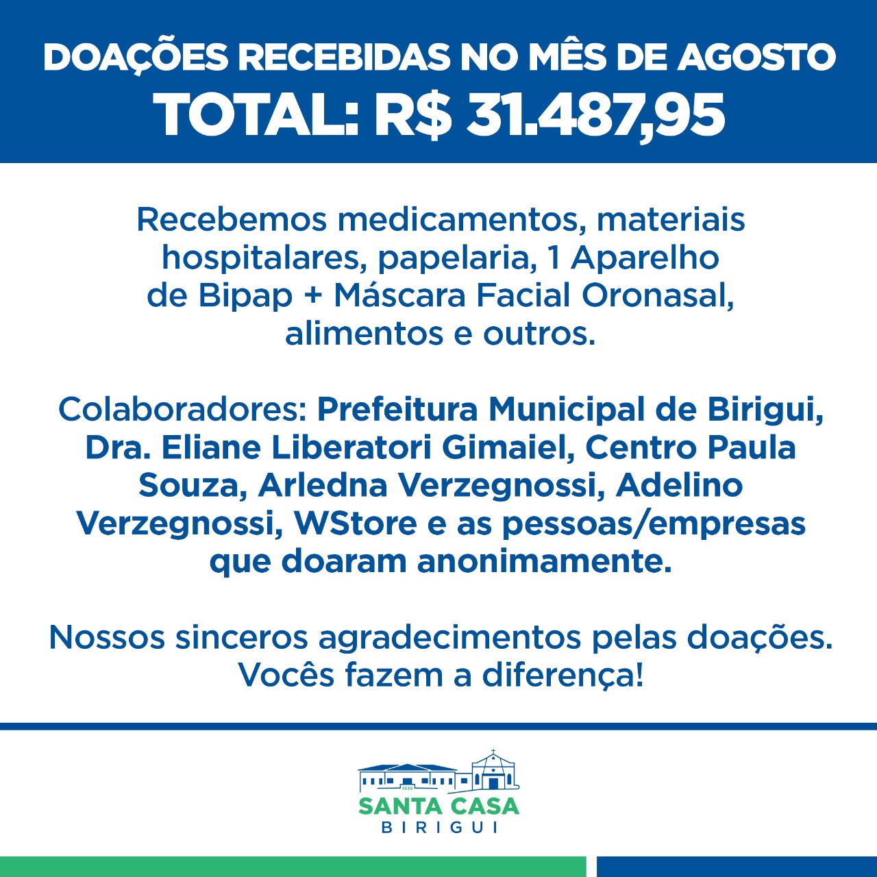 Doações do mês de agosto